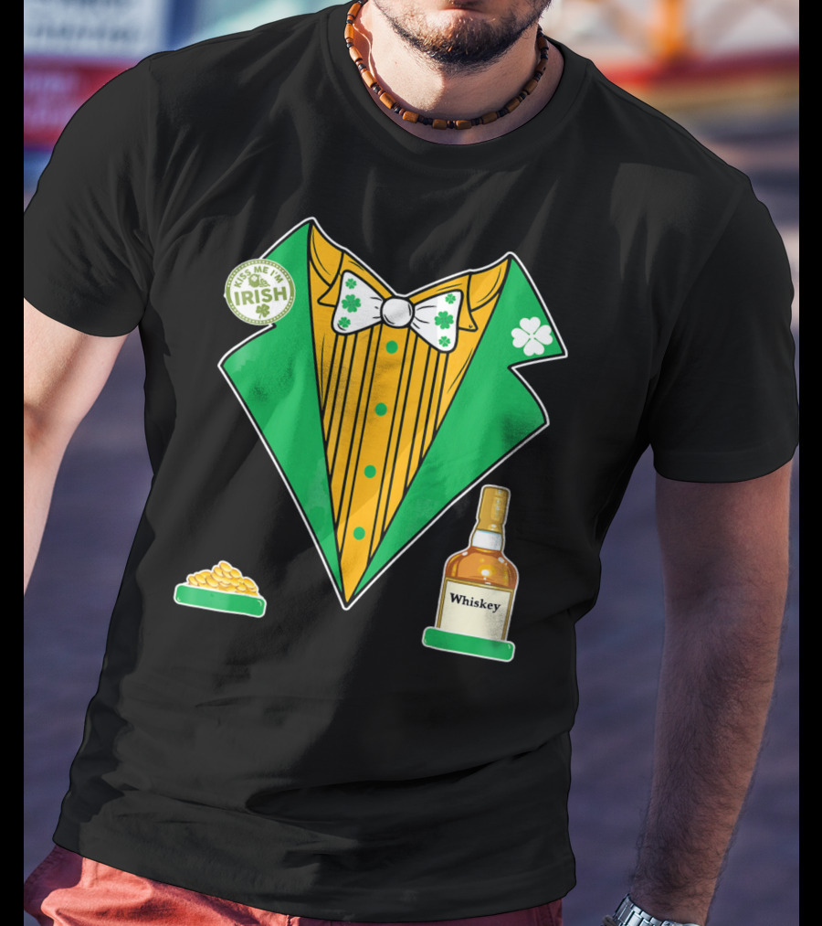 Kiss Me I'm Irish St. Patrick's Day Tux With Whiskey And Gold Coins T-Shirt