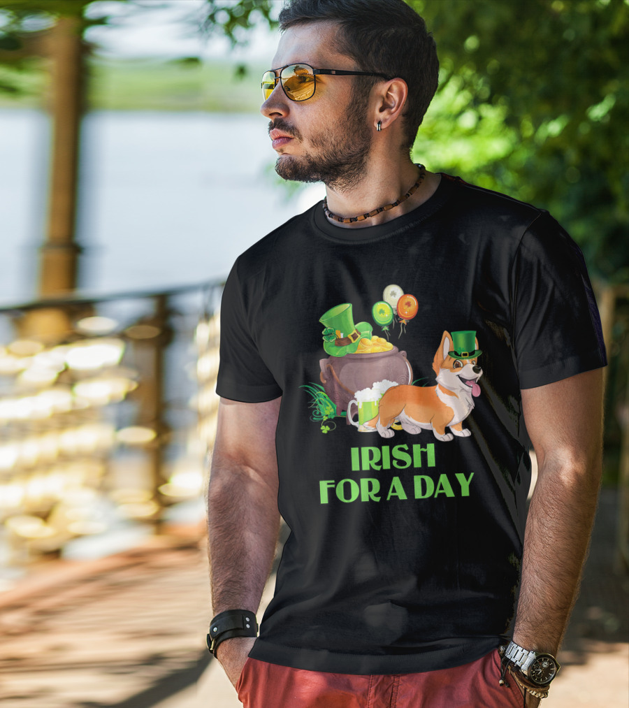 Irish For A Day Welsh Corgi Dog Leprechaun Pot Of Gold Balloons T-Shirt