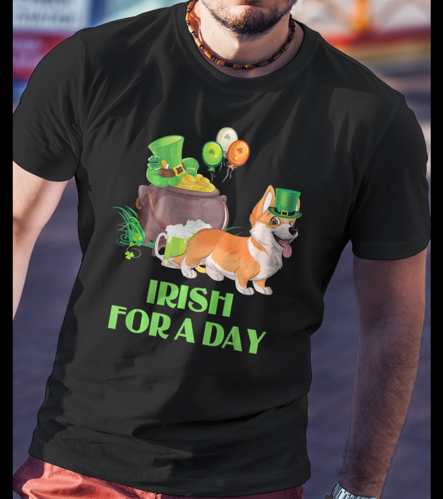 Irish For A Day Welsh Corgi Dog Leprechaun Pot Of Gold Balloons T-Shirt