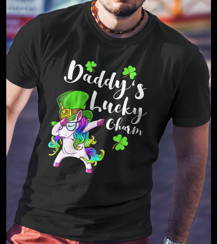 Daddy's Lucky Charm St. Patrick's Day Unicorn With Shamrock Hat T-Shirt