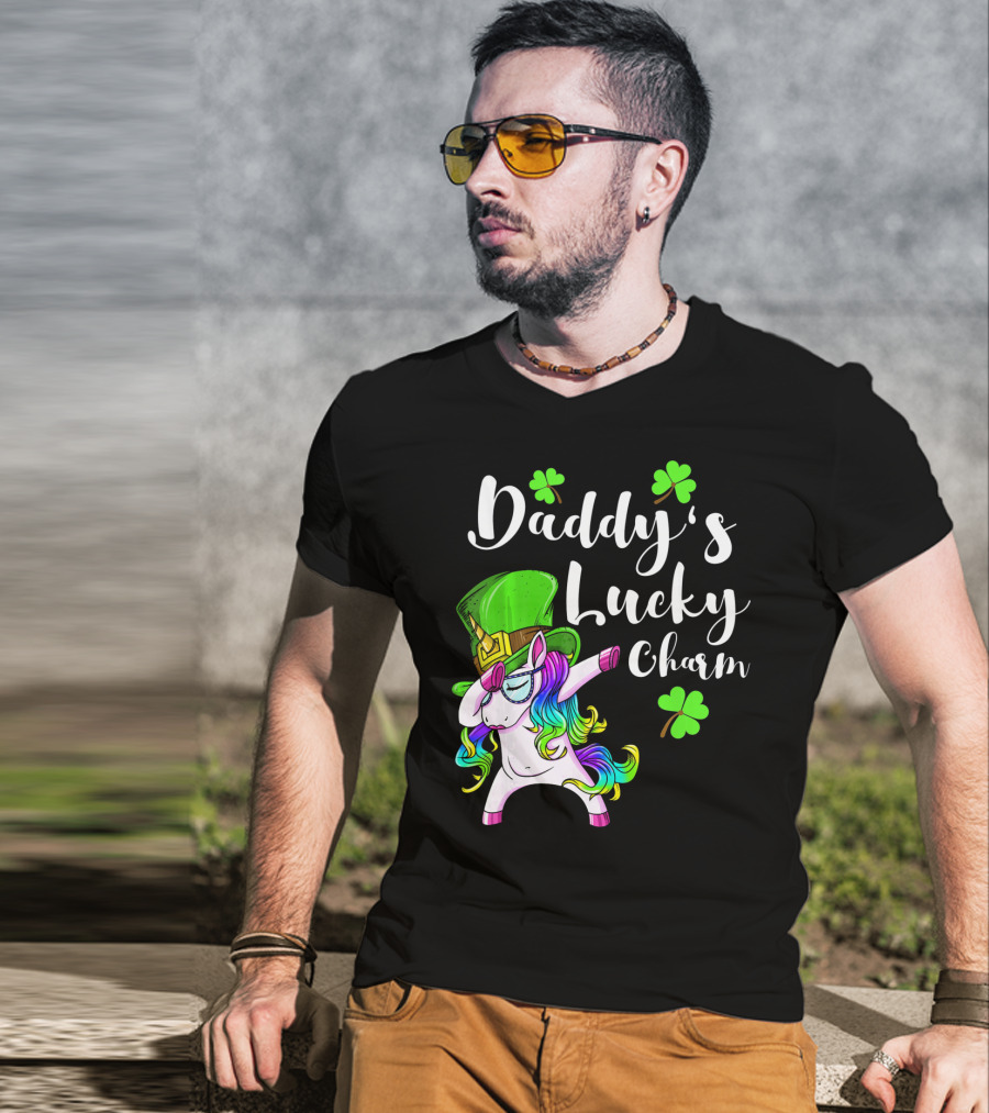 Daddy's Lucky Charm St. Patrick's Day Unicorn With Shamrock Hat T-Shirt