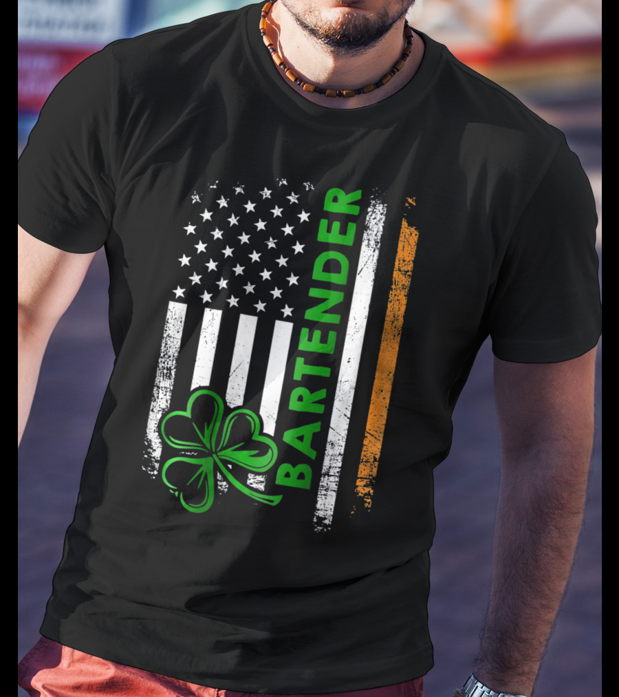 Irish Bartender American Flag Shamrock T-Shirt