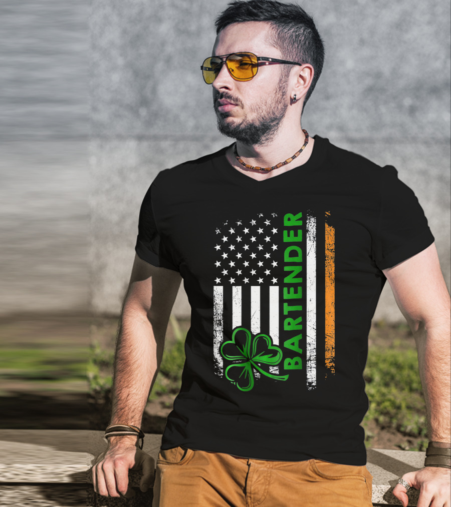 Irish Bartender American Flag Shamrock T-Shirt