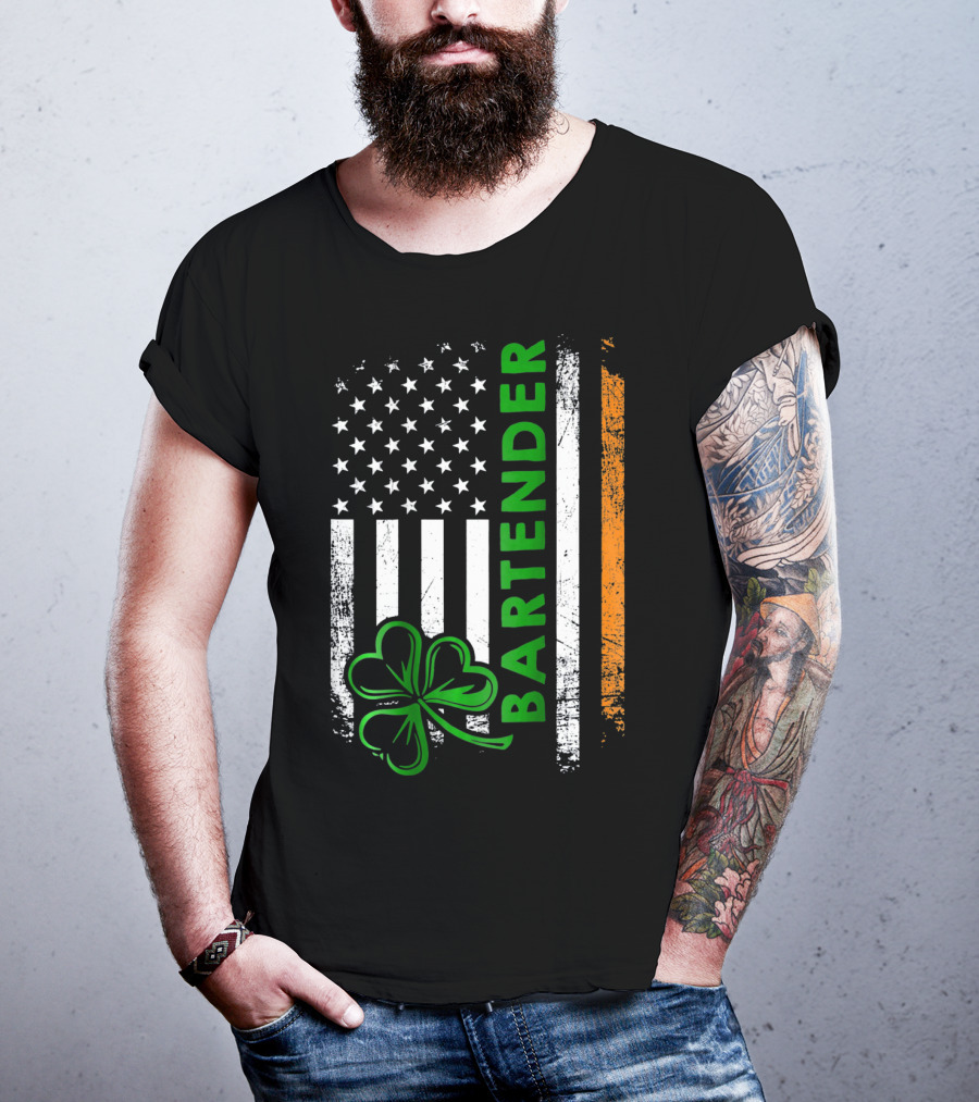 Irish Bartender American Flag Shamrock T-Shirt