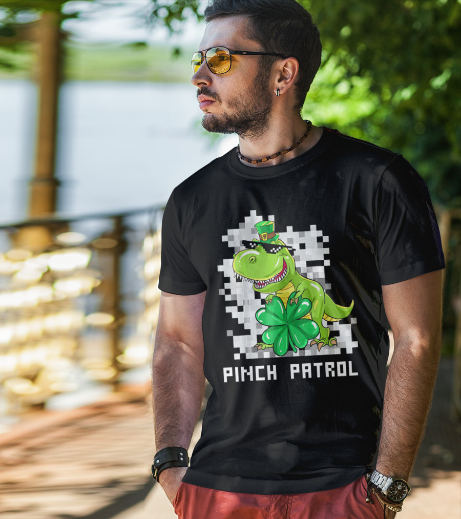 St Patrick Day Dinosaur Pinch Patrol Pixelated Clover And Hat T-Shirt