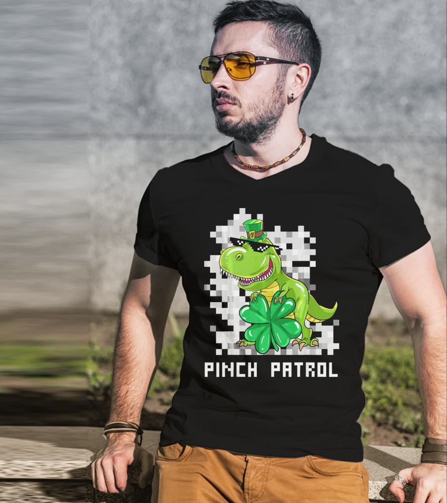 St Patrick Day Dinosaur Pinch Patrol Pixelated Clover And Hat T-Shirt