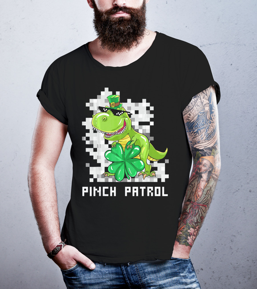 St Patrick Day Dinosaur Pinch Patrol Pixelated Clover And Hat T-Shirt