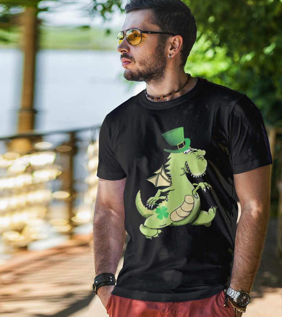 St Patrick's Day Dragon Wearing Leprechaun Hat With Shamrock T-Shirt