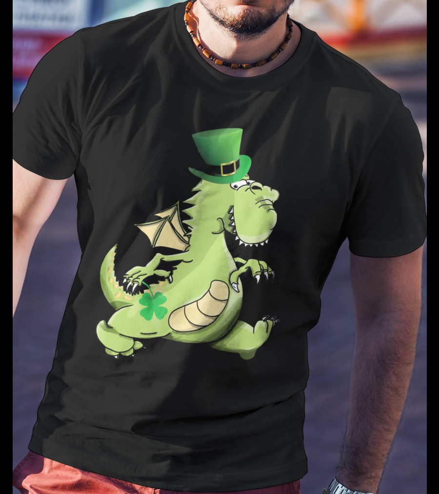 St Patrick's Day Dragon Wearing Leprechaun Hat With Shamrock T-Shirt