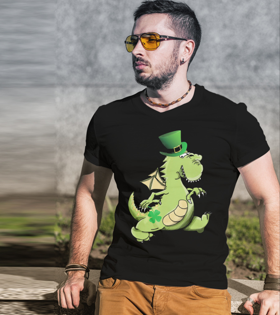 St Patrick's Day Dragon Wearing Leprechaun Hat With Shamrock T-Shirt