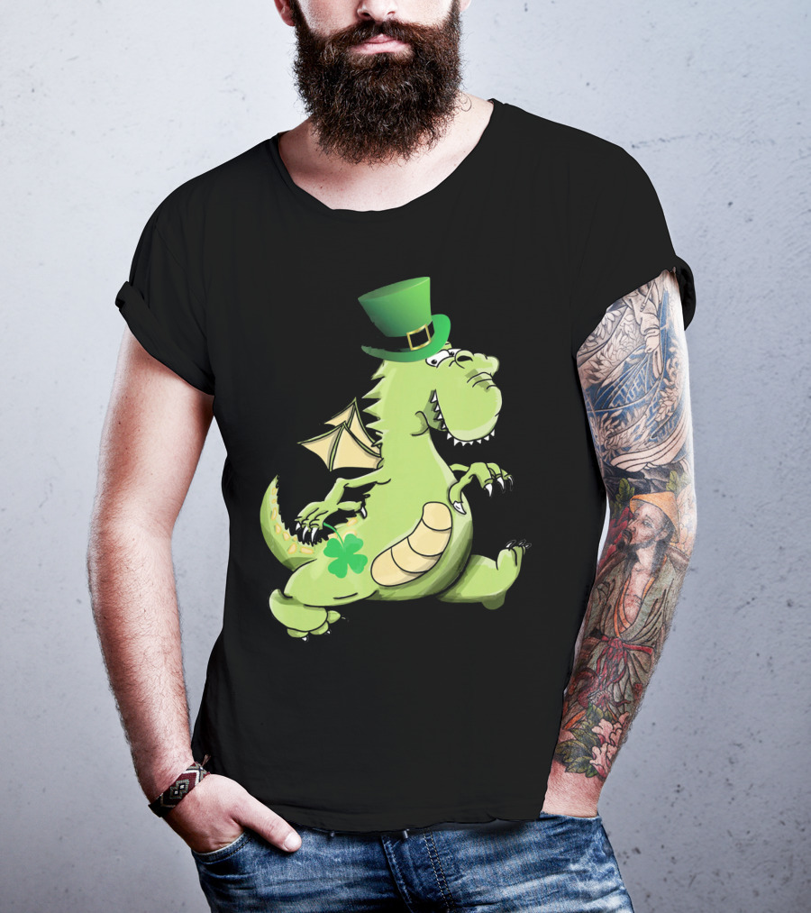 St Patrick's Day Dragon Wearing Leprechaun Hat With Shamrock T-Shirt