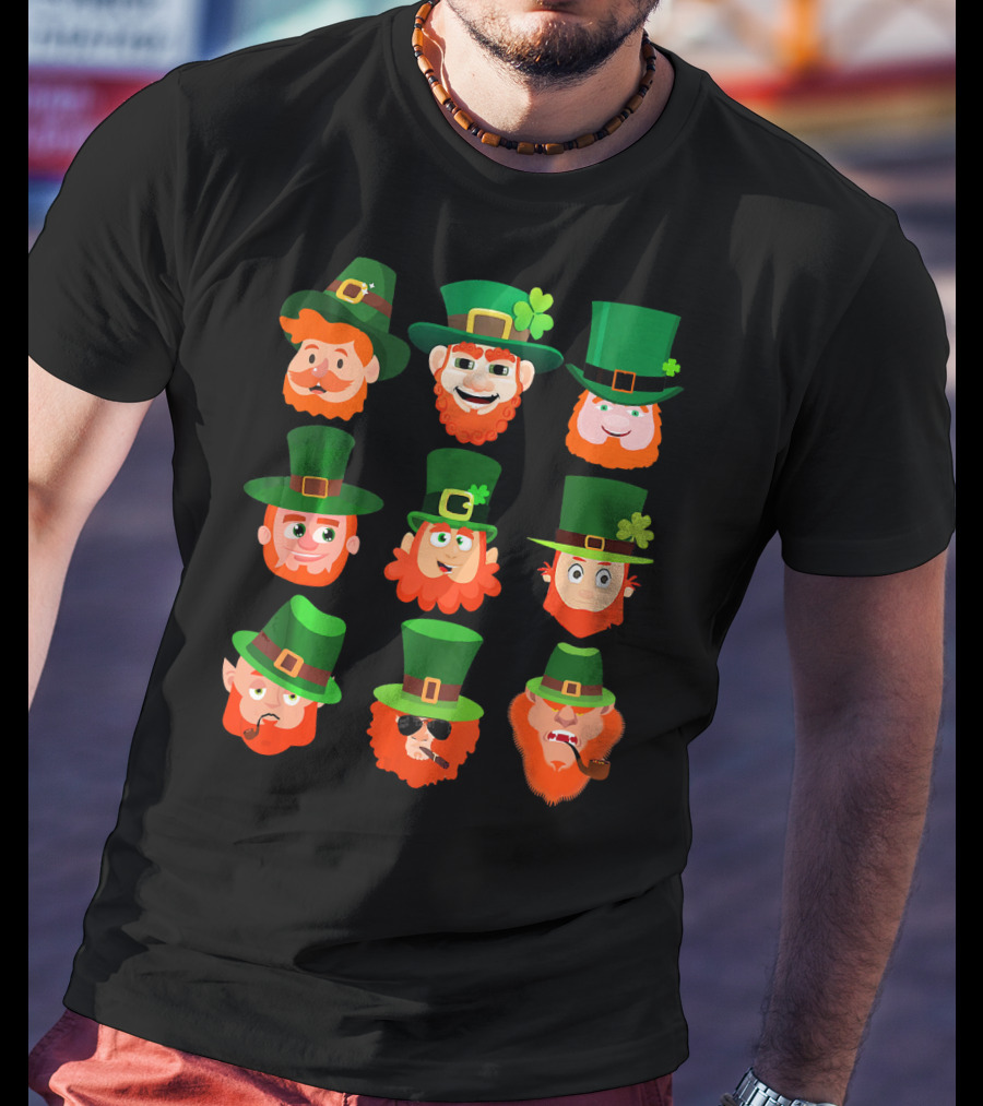 Funny Leprechaun Emotion Feeling Faces With Green Hats And Red Beards T-Shirt