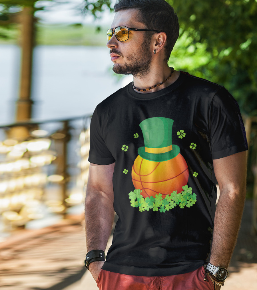 Basketball With Leprechaun Hat And Shamrocks Playing Around T-Shirt