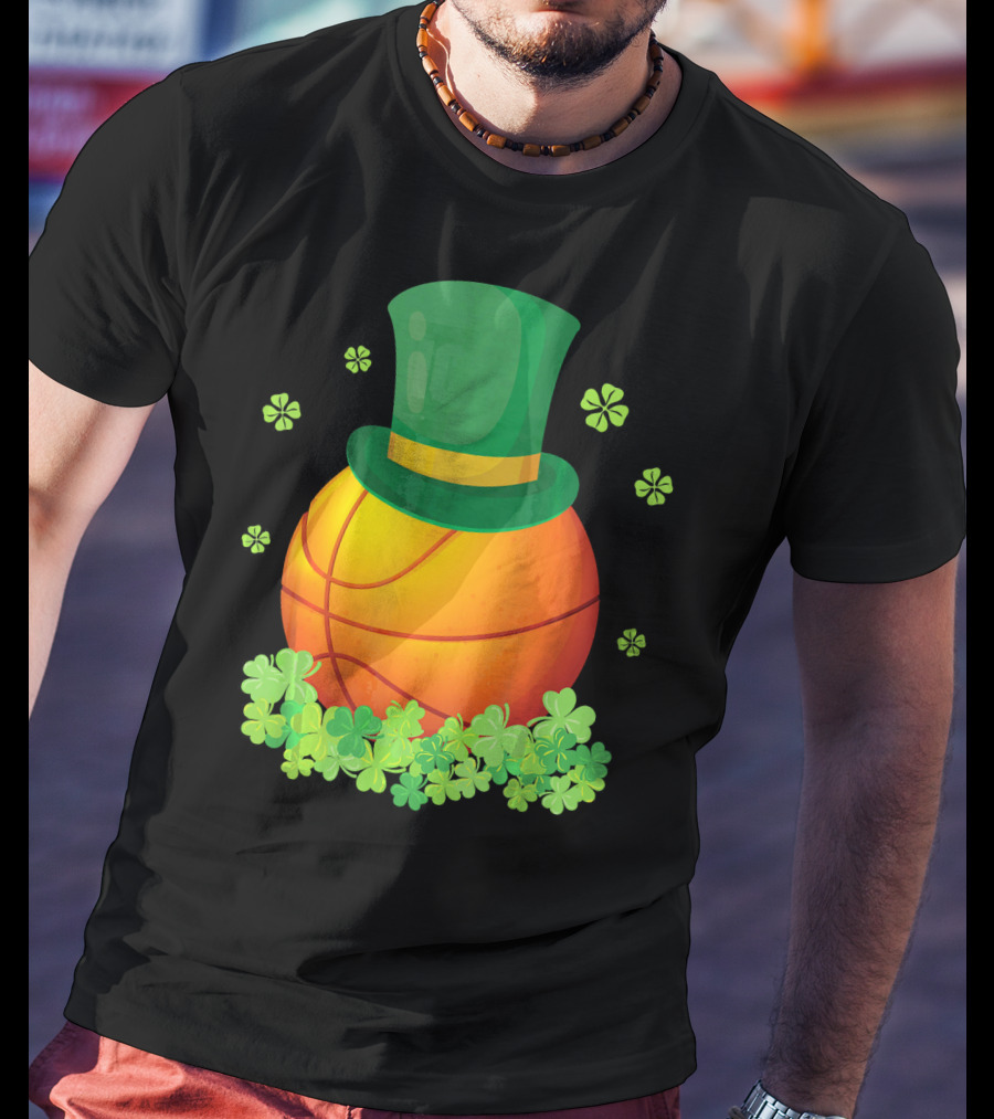Basketball With Leprechaun Hat And Shamrocks Playing Around T-Shirt