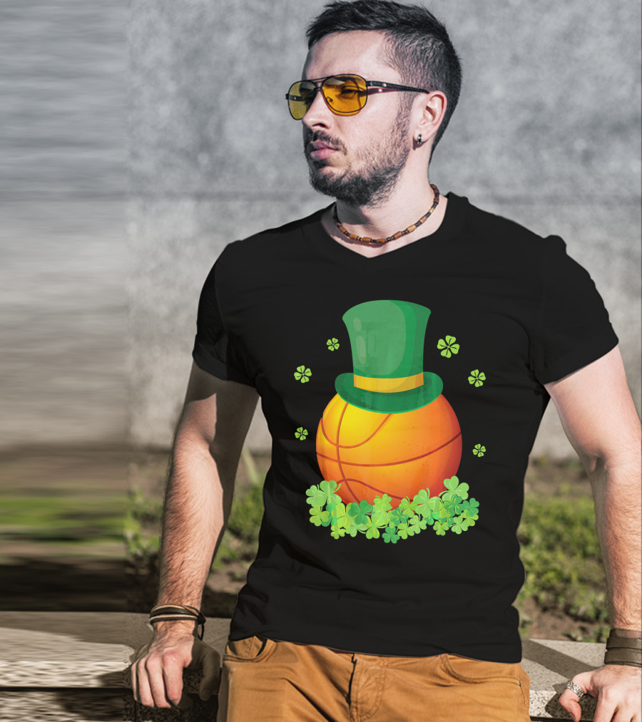 Basketball With Leprechaun Hat And Shamrocks Playing Around T-Shirt