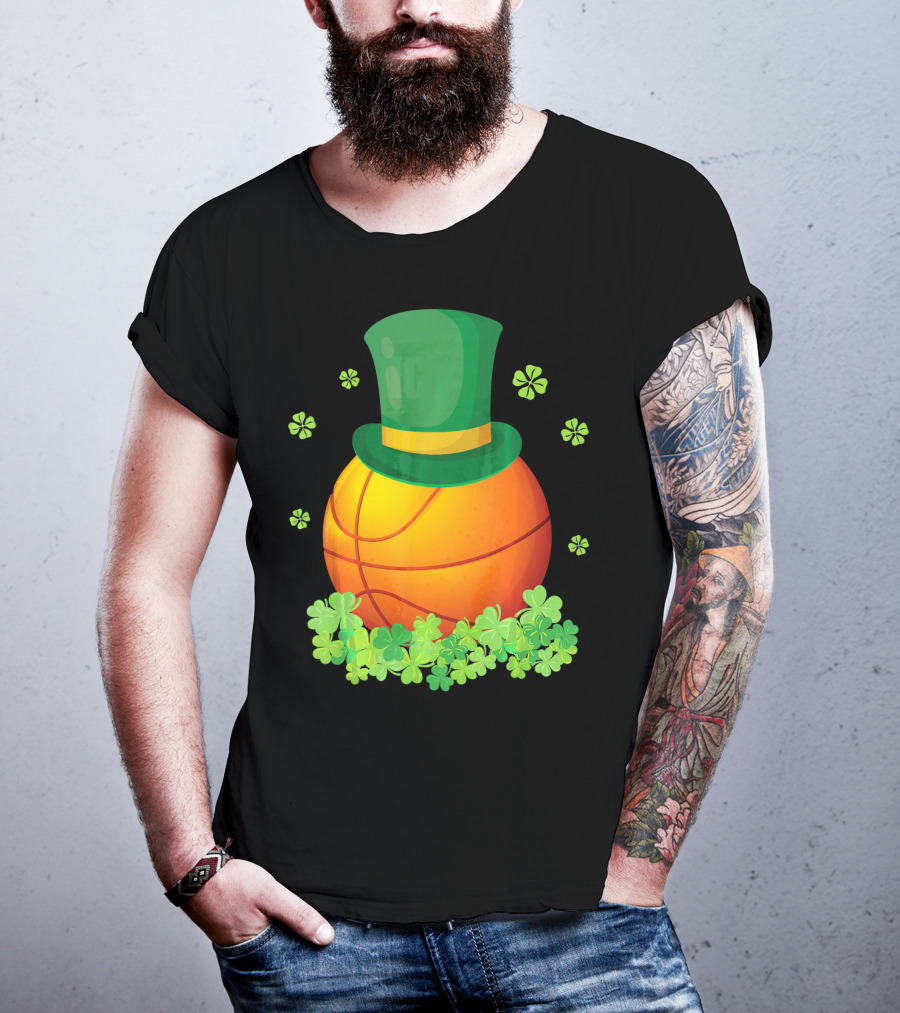 Basketball With Leprechaun Hat And Shamrocks Playing Around T-Shirt