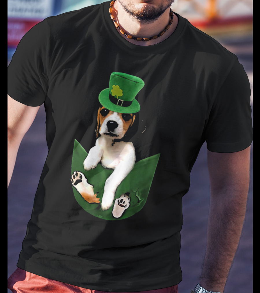 Beagle In Green Pocket With St Patrick's Hat And Shamrock T-Shirt