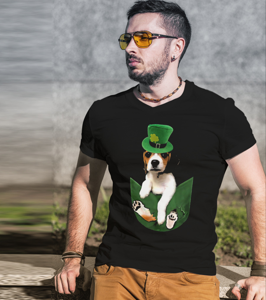 Beagle In Green Pocket With St Patrick's Hat And Shamrock T-Shirt