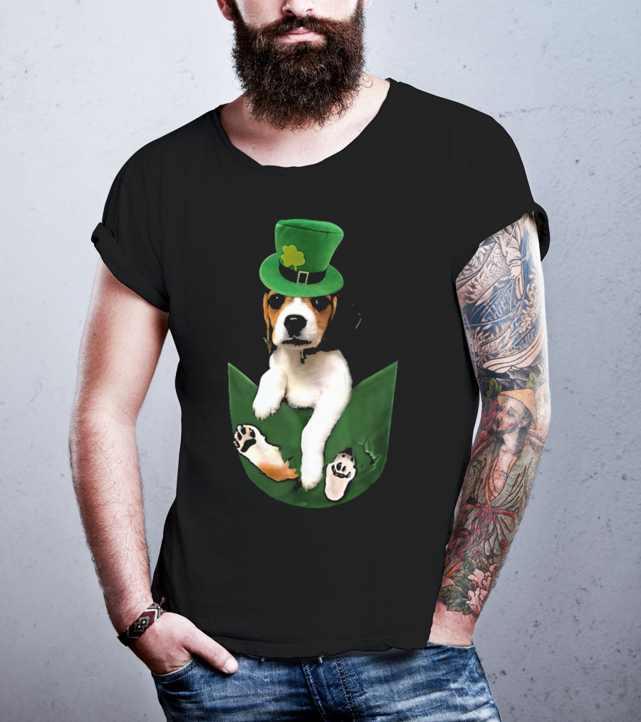 Beagle In Green Pocket With St Patrick's Hat And Shamrock T-Shirt