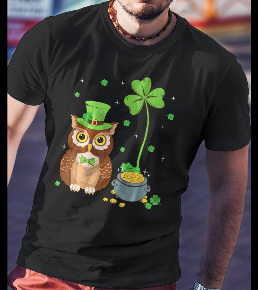 Shamrock Leprechaun Owl Pot Of Gold T-Shirt