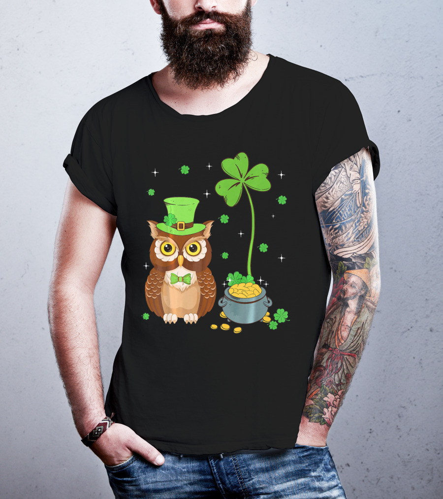 Shamrock Leprechaun Owl Pot Of Gold T-Shirt