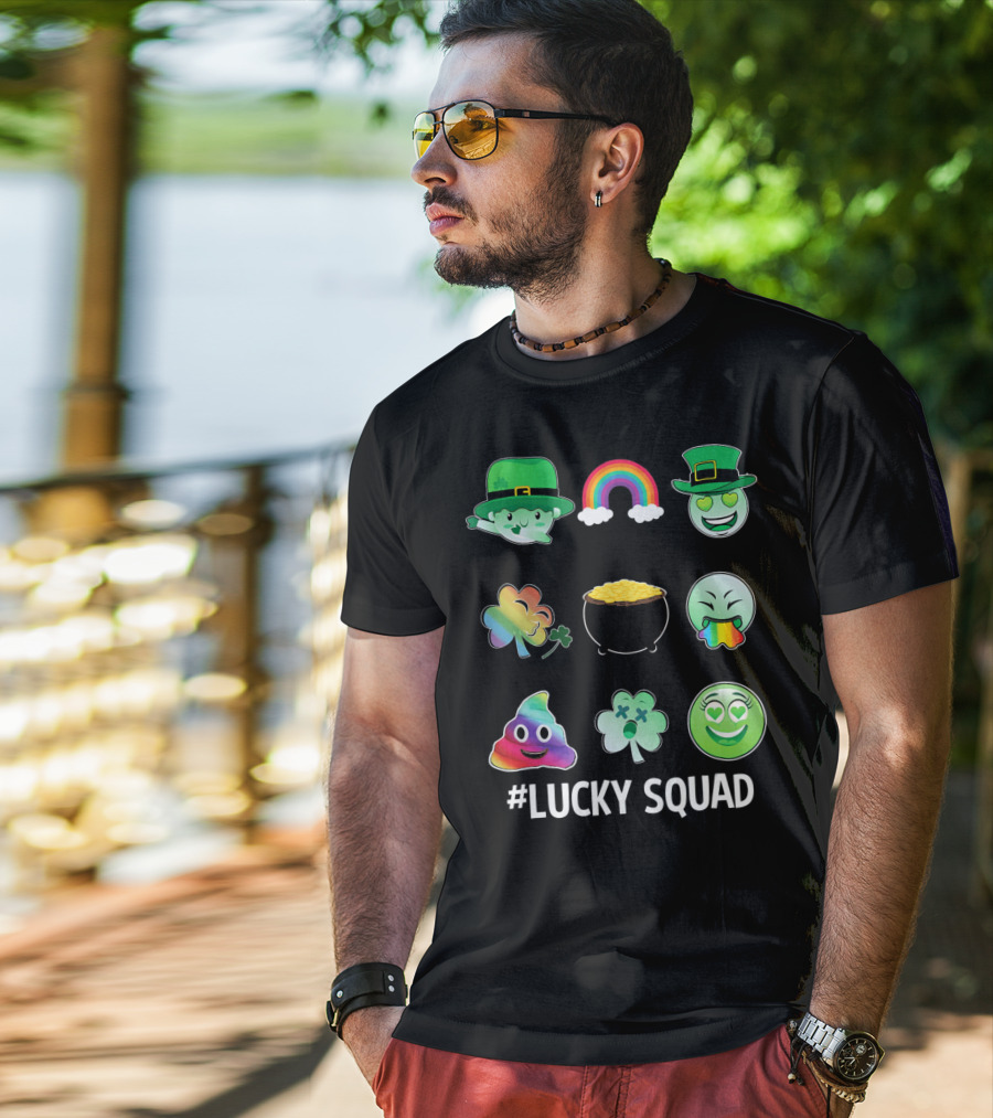 Lucky Squad St. Patricks Day Emoji Rainbow Clover Pot Of Gold T-Shirt