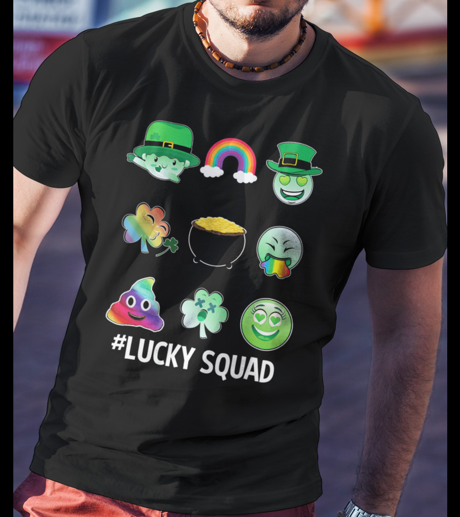 Lucky Squad St. Patricks Day Emoji Rainbow Clover Pot Of Gold T-Shirt