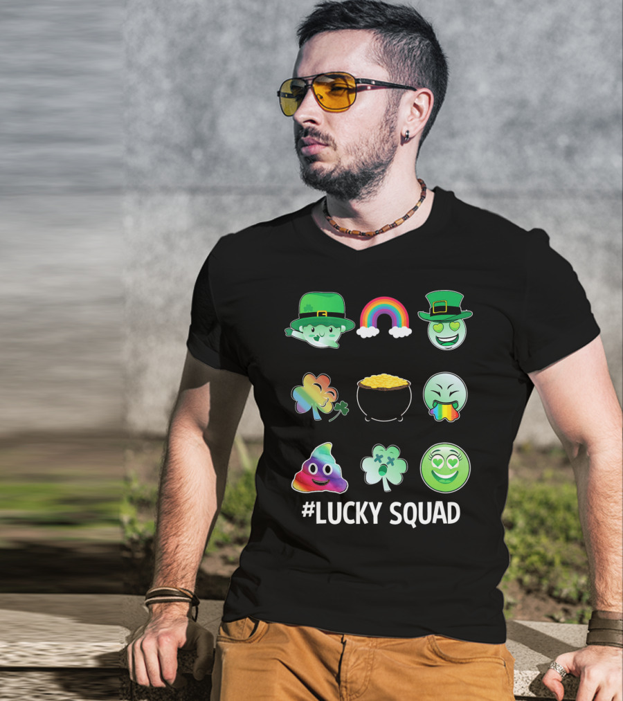 Lucky Squad St. Patricks Day Emoji Rainbow Clover Pot Of Gold T-Shirt