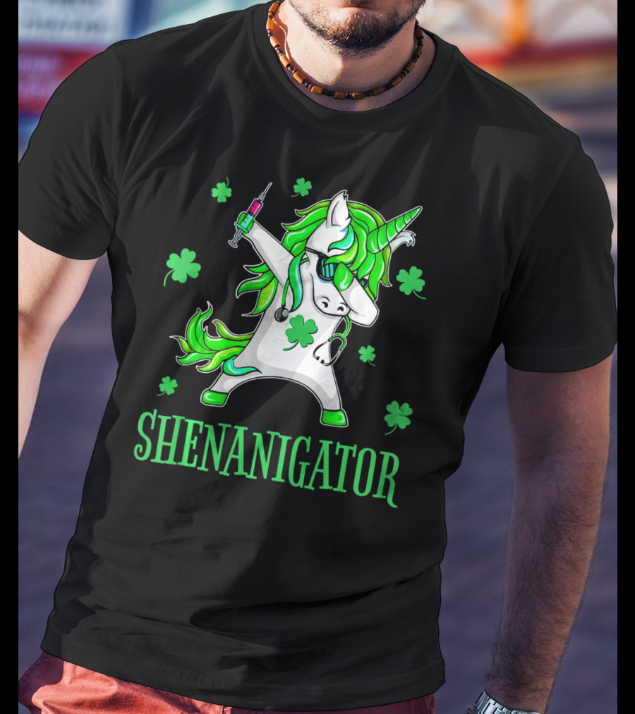 Unicorn Dabbing Shenanigator With Shamrocks And Syringe T-Shirt