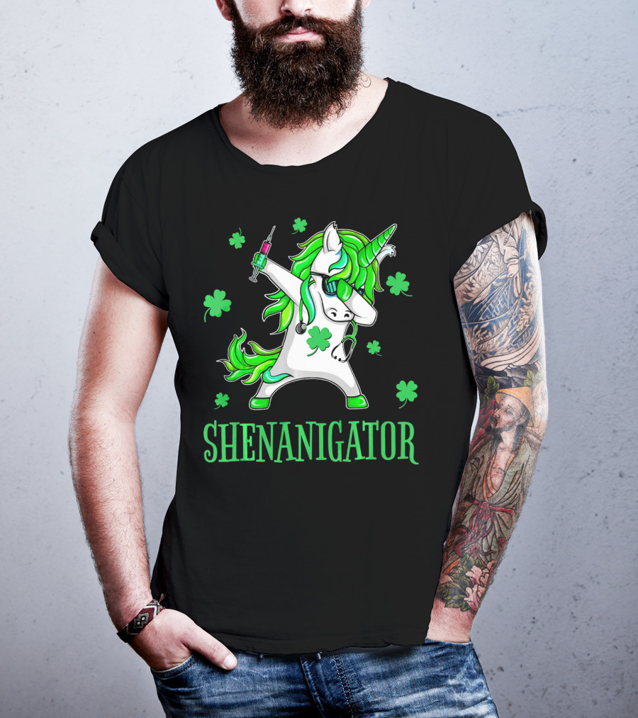 Unicorn Dabbing Shenanigator With Shamrocks And Syringe T-Shirt