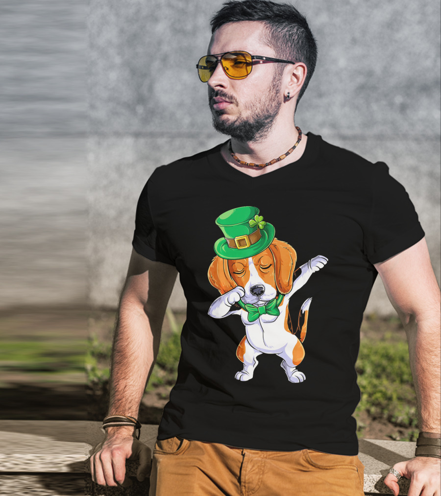 Dabbing Beagle St Patricks Day Boys Leprechaun Hat Bow Tie Shamrock T-Shirt