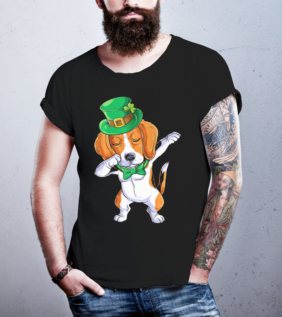 Dabbing Beagle St Patricks Day Boys Leprechaun Hat Bow Tie Shamrock T-Shirt