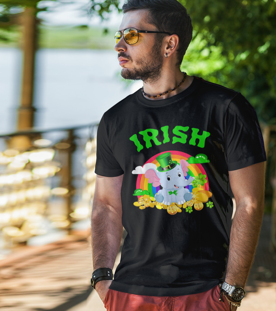 Irish Elephant St Patricks Day Rainbow Coins Clover T-Shirt