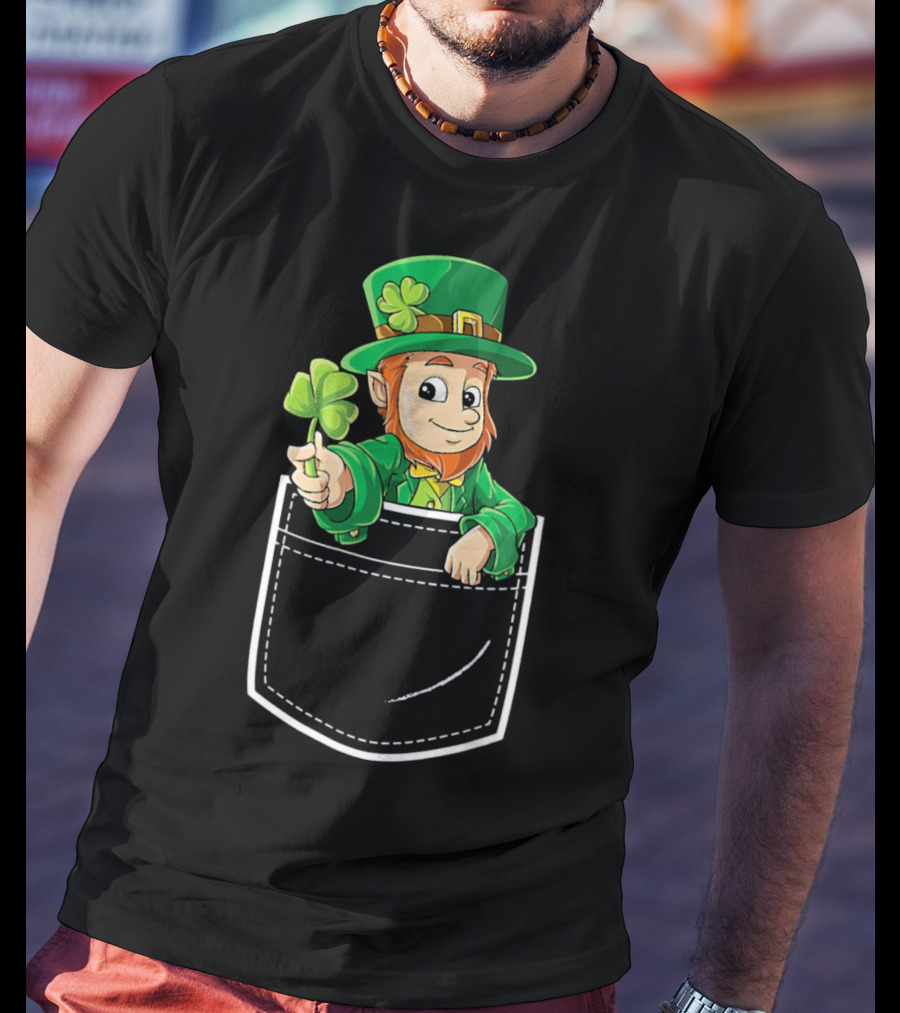 Leprechaun Holding Shamrock In Pocket For St Patricks Day T-Shirt
