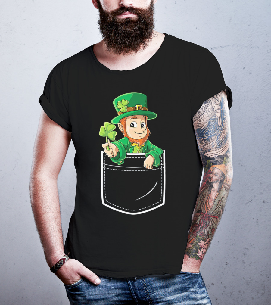 Leprechaun Holding Shamrock In Pocket For St Patricks Day T-Shirt