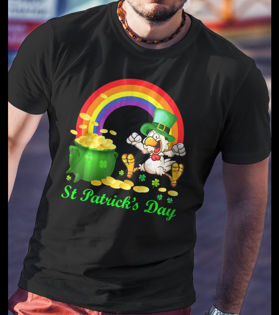 St Patrick's Day Chicken Leprechaun With Pot Of Gold And Rainbow T-Shirt