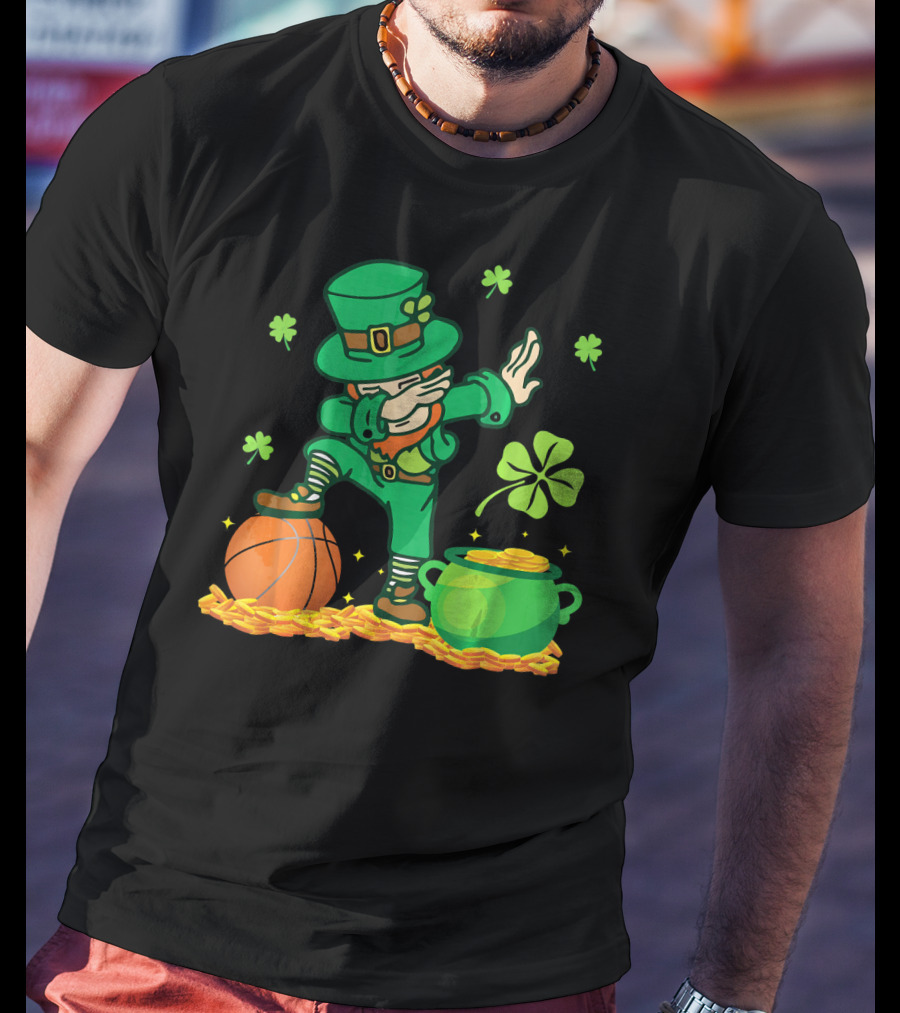 Leprechaun Dab With Basketball And Pot Of Gold Filled With Coins And Shamrocks T-Shirt