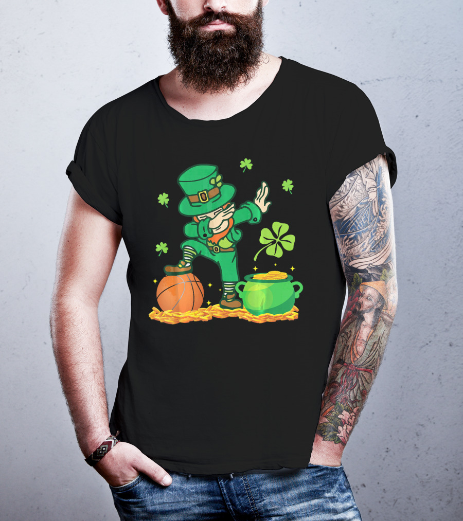 Leprechaun Dab With Basketball And Pot Of Gold Filled With Coins And Shamrocks T-Shirt