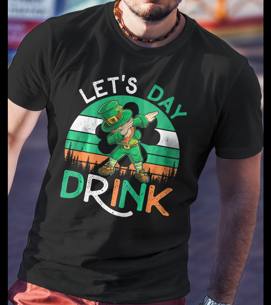 Let's Day Drink Leprechaun Dabbing Shamrock Ireland Flag T-Shirt