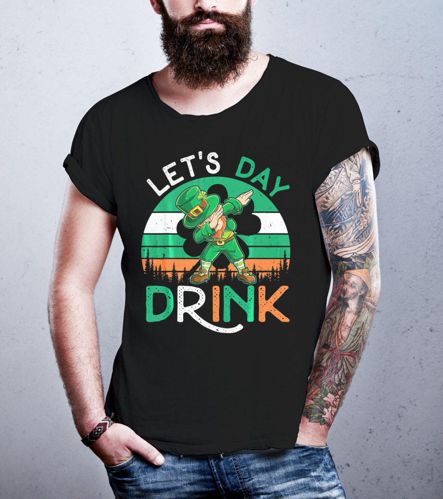Let's Day Drink Leprechaun Dabbing Shamrock Ireland Flag T-Shirt
