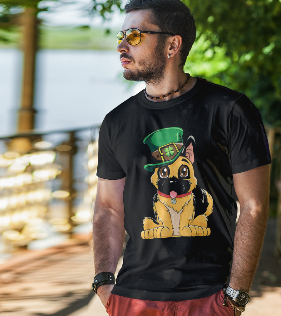 German Shepherd Wearing Leprechaun Hat With Clover T-Shirt