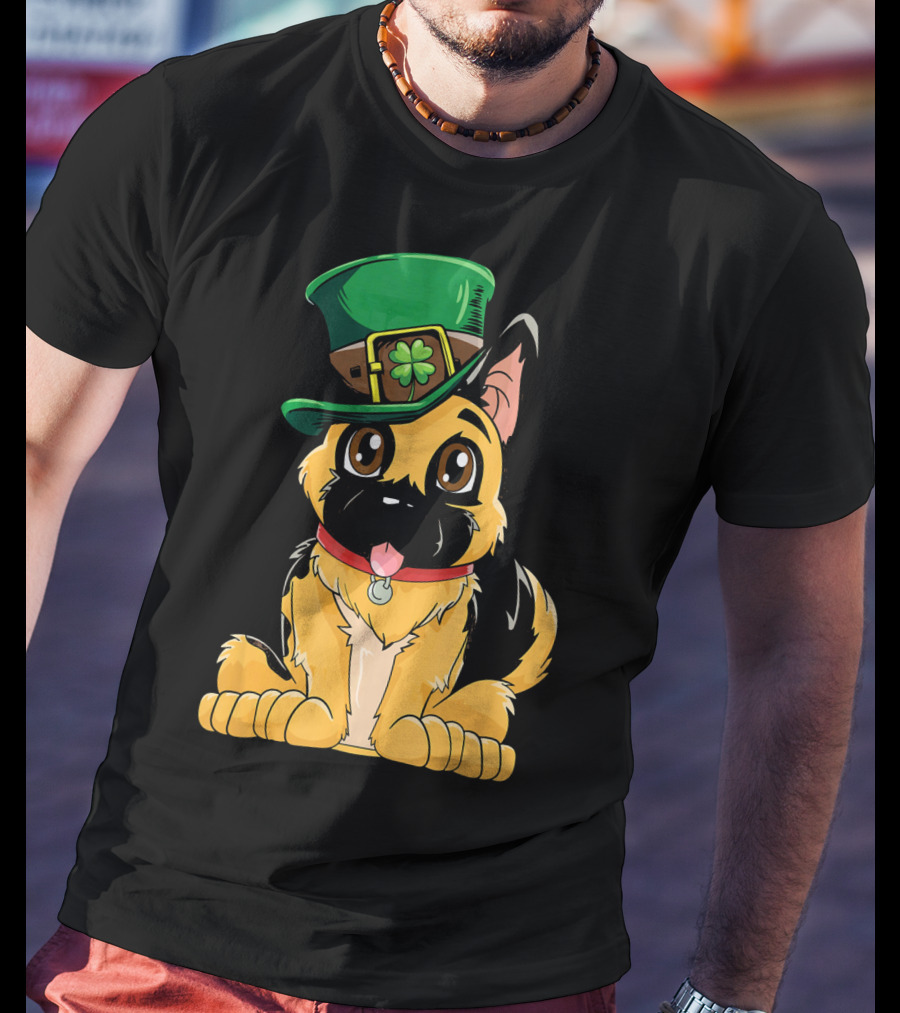 German Shepherd Wearing Leprechaun Hat With Clover T-Shirt