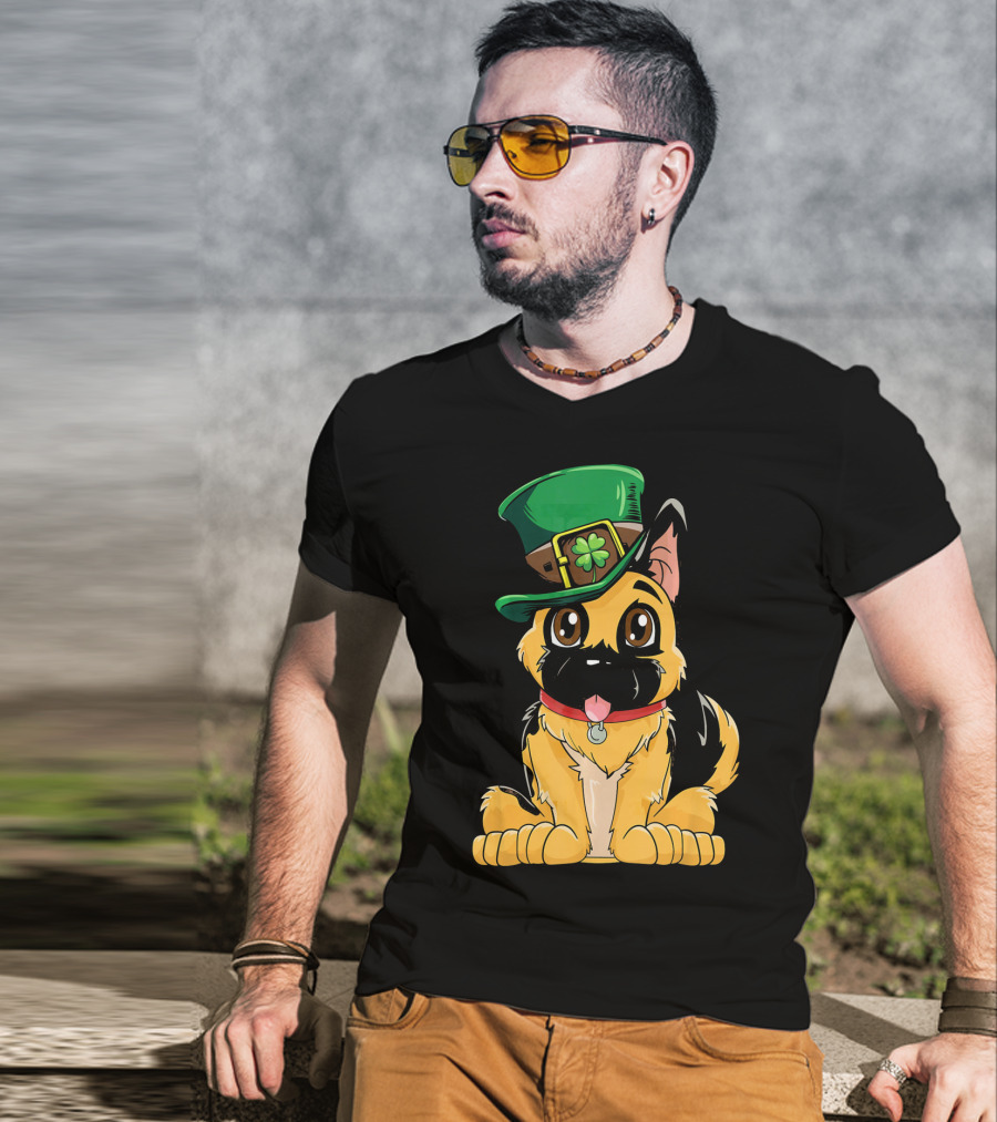 German Shepherd Wearing Leprechaun Hat With Clover T-Shirt