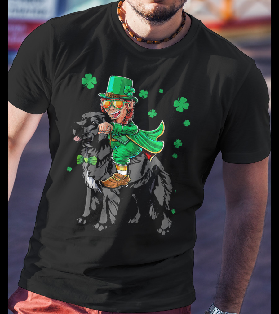 Leprechaun Riding Newfoundland Dog With Shamrocks For St. Pat's Day T-Shirt