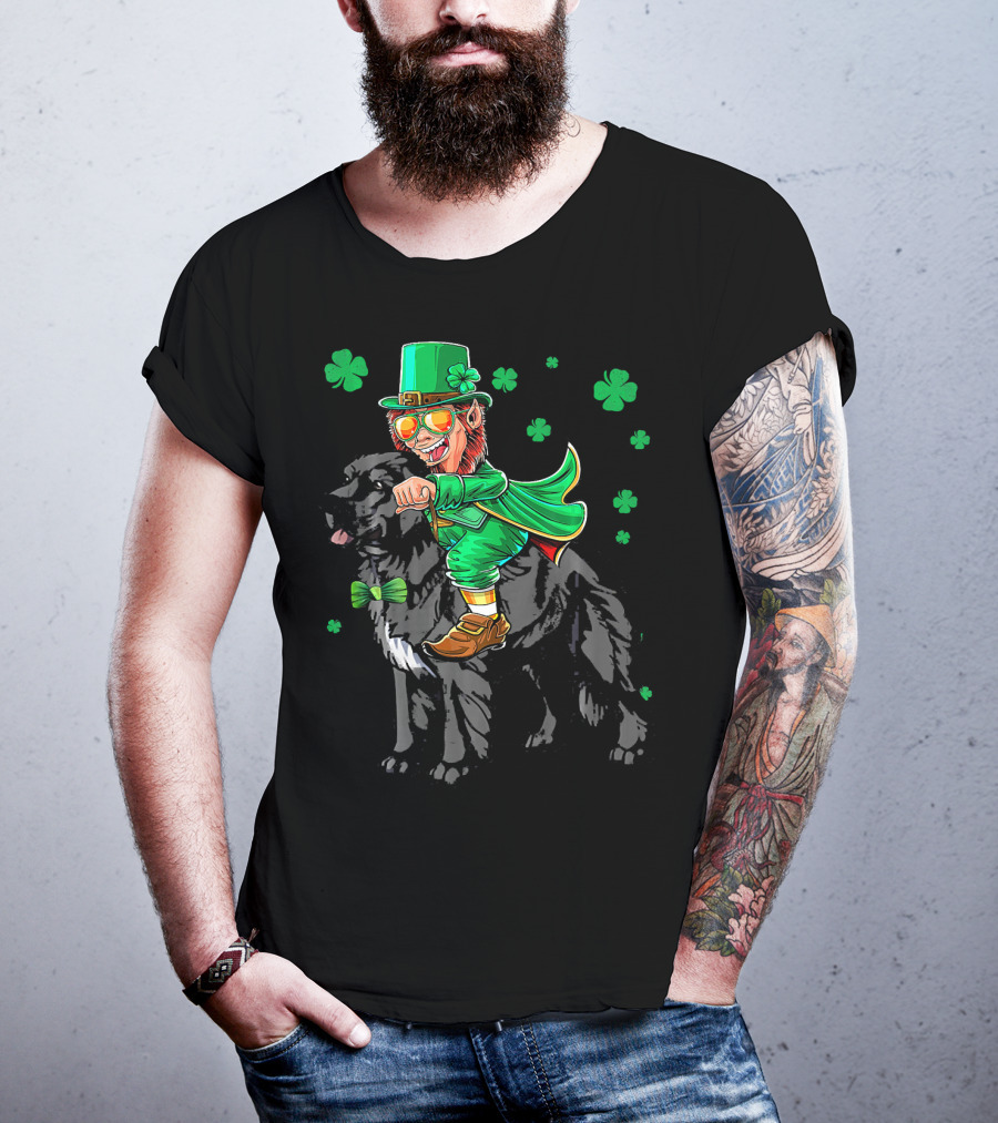 Leprechaun Riding Newfoundland Dog With Shamrocks For St. Pat's Day T-Shirt