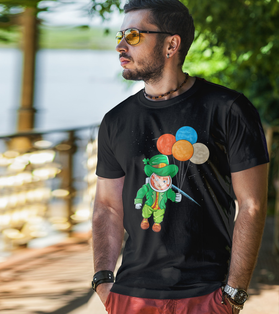 Leprechaun In Space St Patrick's Day Astronaut With Colorful Balloons T-Shirt