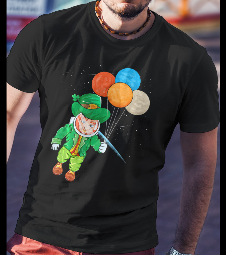 Leprechaun In Space St Patrick's Day Astronaut With Colorful Balloons T-Shirt