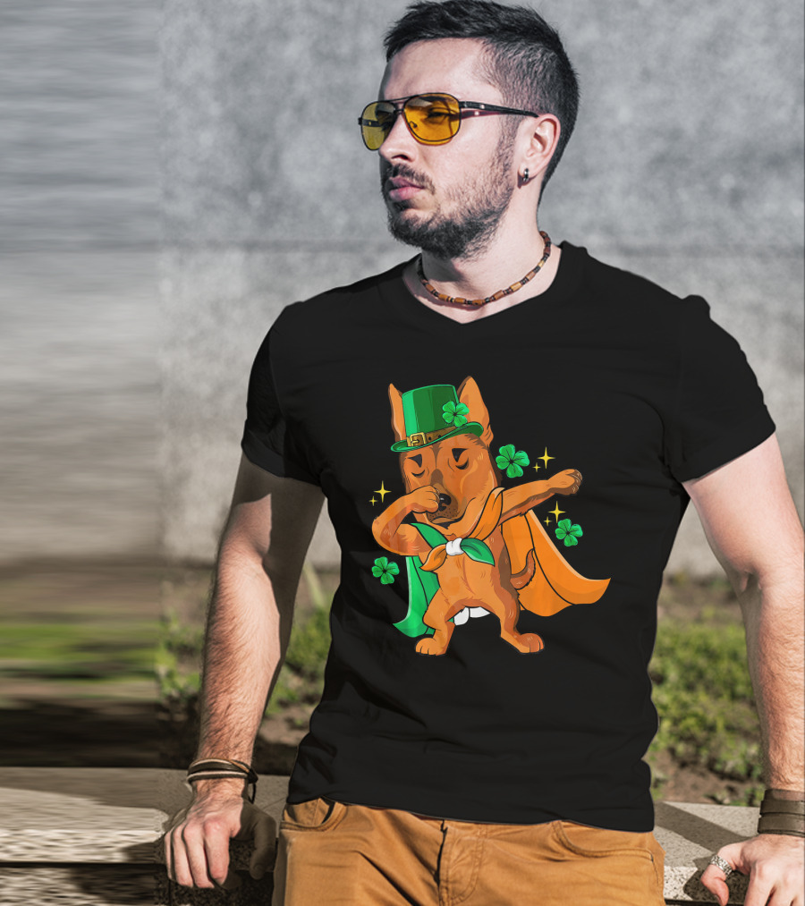 German Shepherd Leprechaun Dabbing With Shamrocks And Green Hat T-Shirt