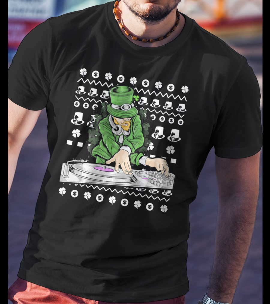 Leprechaun DJ Mixing With Shamrocks And Top Hats T-Shirt