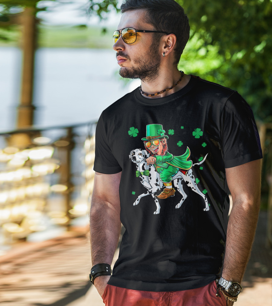 Leprechaun Riding Dalmatian With Shamrocks St. Patrick's Day T-Shirt